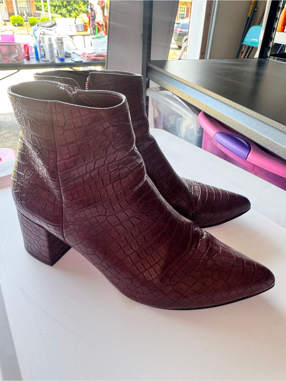 MICHAEL Michael Shannon-  Croc-Embossed Pointed Toe Ankle Boots - Deep Burgundy